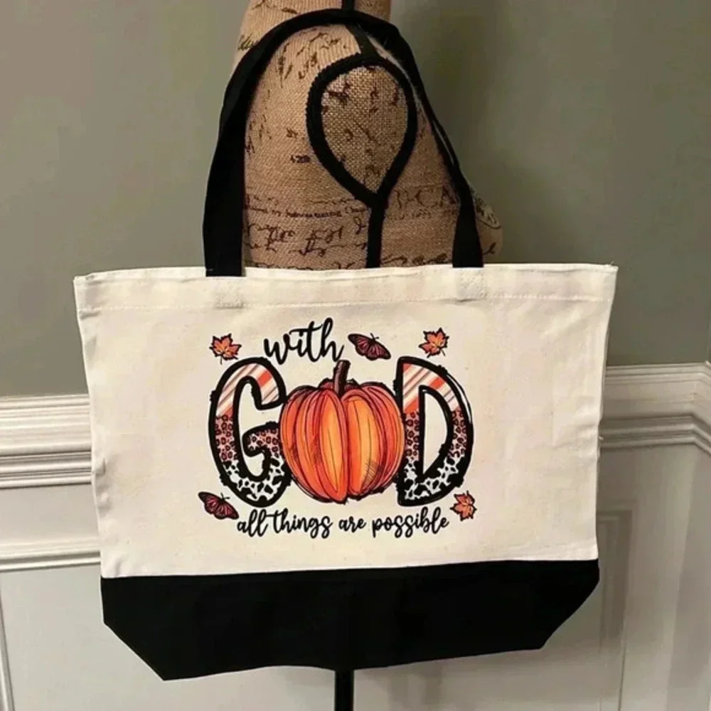 “With God All Things Are Possible” / Fall Canvas Tote Bag - Fall/Autumn Design